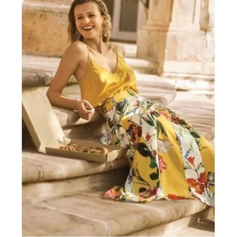Rococo Sand Anthropologie Aprile Yellow Tropical Floral Paneled Maxi Skirt sz 10